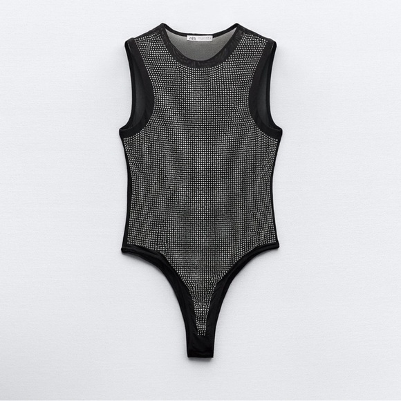 Zara Tops - Zara Black & Silver rhinestone Bodysuit One Piece